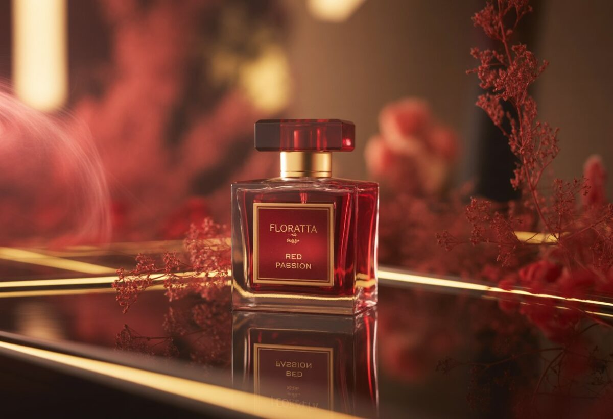 Frasco de perfume Floratta Red Passion em superfície refletiva, rodeado por flores vermelhas delicadas e névoa de perfume.