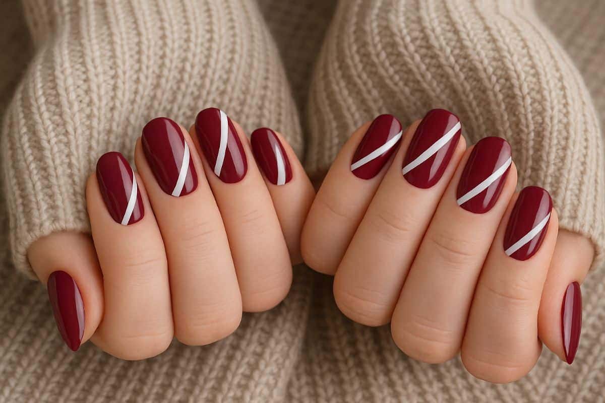 Unhas marsala com branco