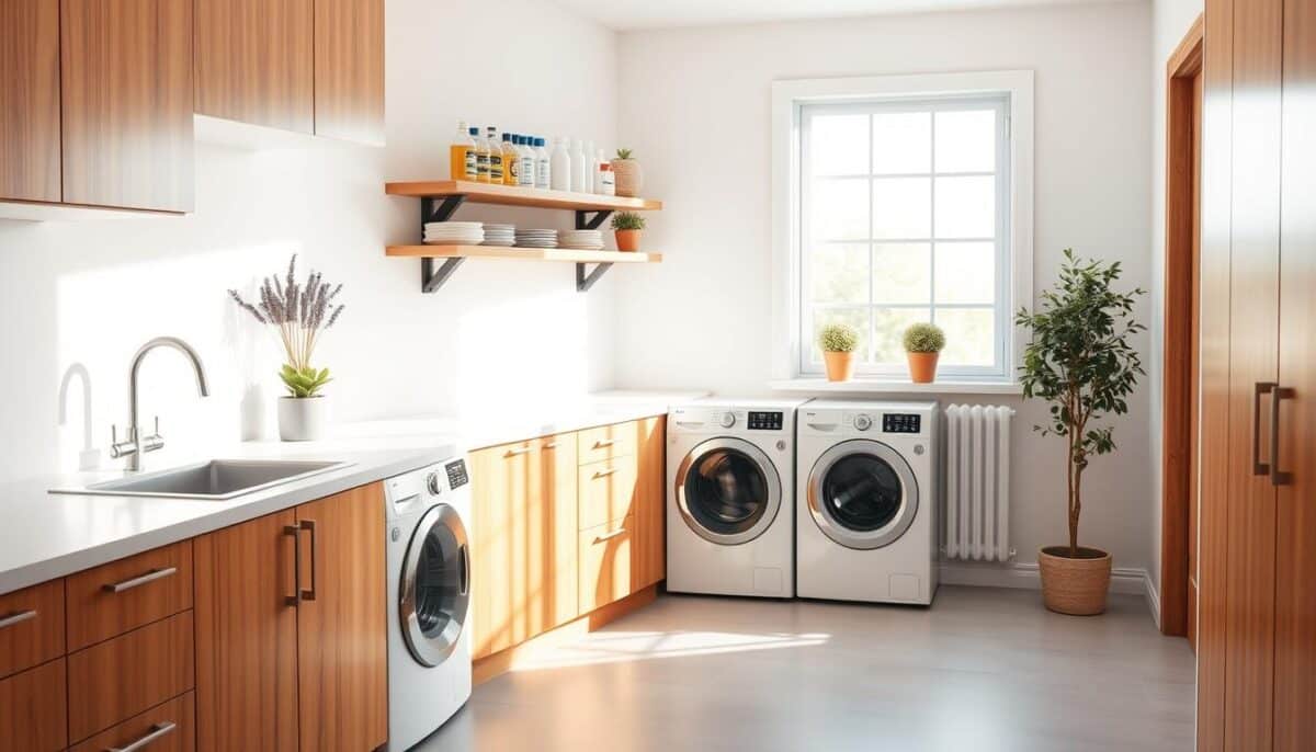 A bright, airy kitchen with a laundry area seamlessly integrated. The countertops are a crisp white, contrasted by warm wooden cabinets. A large window floods the space with natural light, casting a soft glow. In the corner, a stackable washer and dryer sit beneath floating shelves holding detergents and cleaning supplies. The floor is covered in sleek, neutral tiles. A few potted plants and a vase of fresh lavender add pops of greenery, complementing the serene, inviting atmosphere. The scene is captured from a slightly elevated angle, emphasizing the cohesive, functional design.