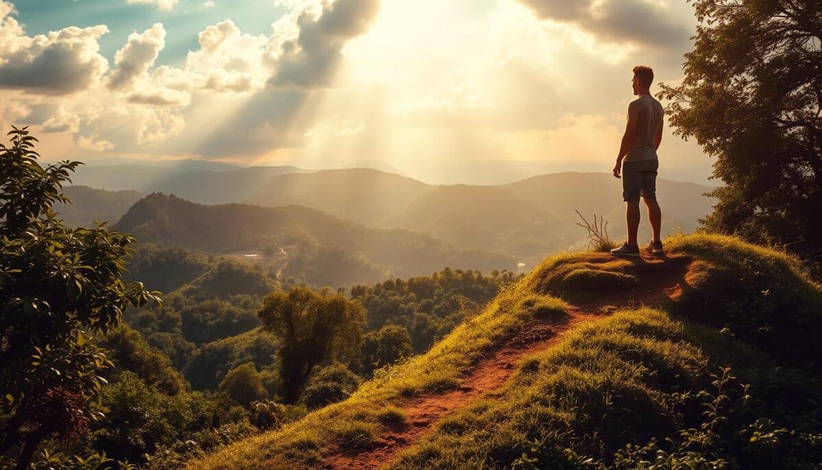 A person standing atop a hill, their body angled forward with determination, overlooking a lush, verdant landscape. Sunlight streams through clouds, casting a warm, golden glow over the scene. In the foreground, a path winds through the foliage, inviting the viewer to embark on a journey of self-discovery. The figure's expression exudes a sense of resolve, signifying the overcoming of inertia and laziness, the conquering of fears and doubts. The composition conveys a mood of transformation, growth, and the embracing of positive change.
