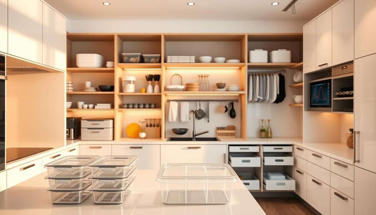 An airy, well-lit kitchen interior with sleek, streamlined cabinetry and open shelving showcasing a variety of integrated storage solutions. In the foreground, a series of modular clear plastic containers, labeled and organized, sit atop a minimalist kitchen island. In the middle ground, a set of sliding drawers and pull-out baskets are integrated into the cabinet system, offering easy access to kitchen essentials. In the background, a combination of wall-mounted shelves, hanging racks, and custom-fitted organizers create a cohesive, clutter-free visual harmony. The lighting is warm and natural, casting a soft glow across the scene and emphasizing the clean, modern aesthetic.