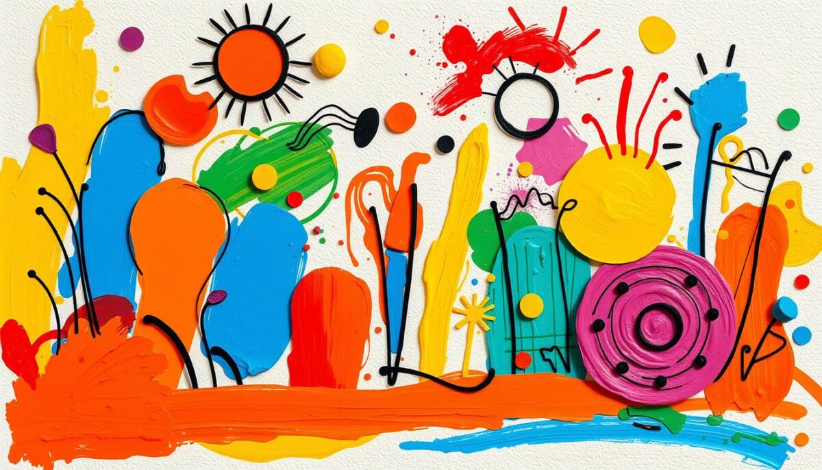 Colorful and vibrant abstract artwork depicting creative expressions and good humor. A playful composition of whimsical shapes, patterns, and textures in a cheerful palette of bright primary colors. The foreground features dynamic, expressive brushstrokes and fluid, organic forms that convey a sense of joy and playfulness. The middle ground includes a mix of geometric shapes, line work, and splashes of paint that add visual interest and depth. The background has a softer, more textural quality, providing a complementary backdrop that allows the foreground elements to stand out. Warm, natural lighting casts a warm glow over the entire scene, enhancing the uplifting and optimistic mood.