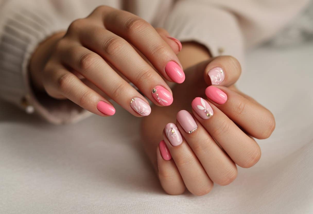 Mãos com unhas rosas decoradas com detalhes delicados