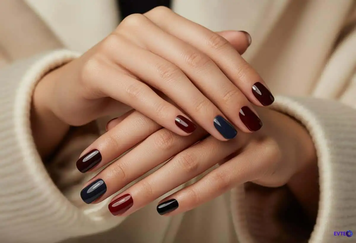 Mãos elegantes com unhas pintadas em cores escuras