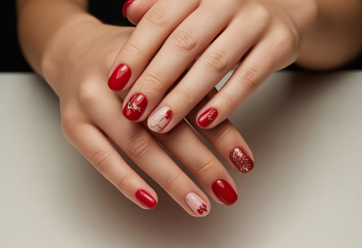 Mãos com unhas vermelhas decoradas exibindo diferentes estilos delicados e elegantes, sobre fundo neutro.