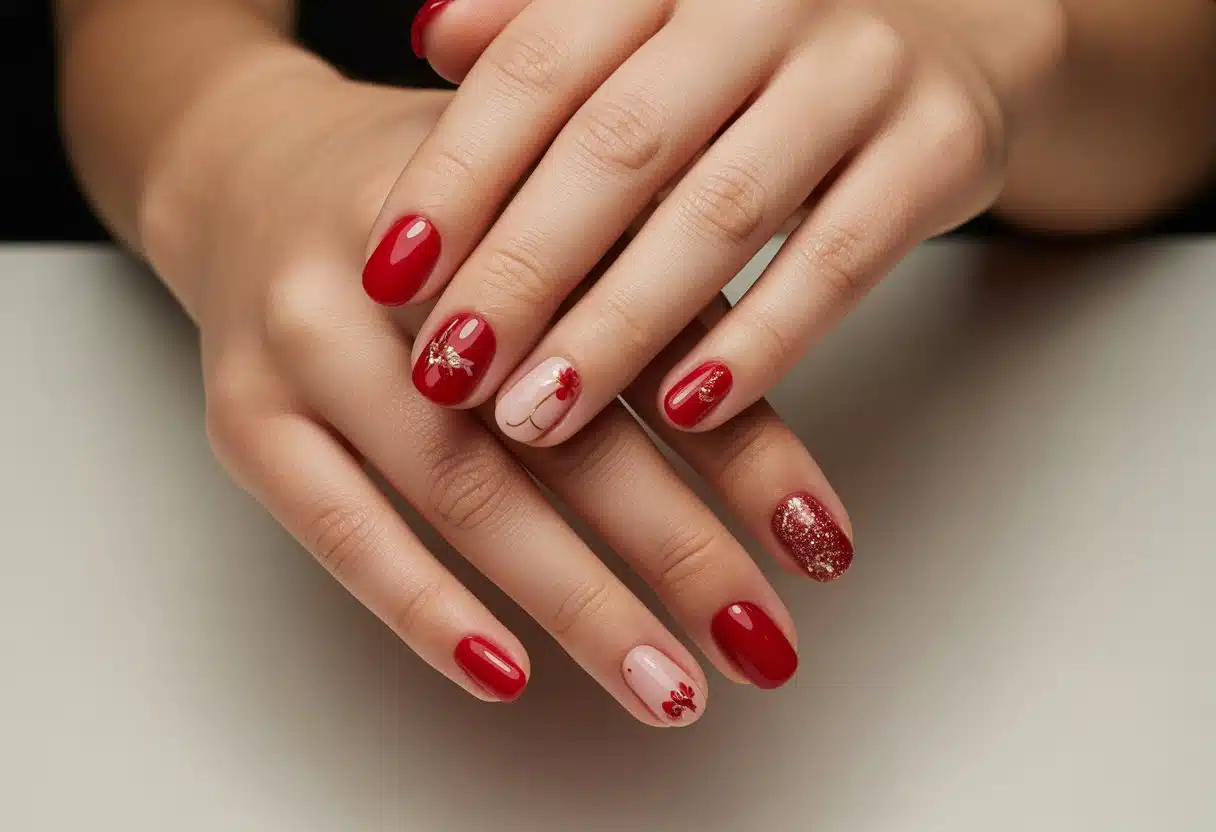 Mãos com unhas vermelhas decoradas exibindo diferentes estilos delicados e elegantes, sobre fundo neutro.