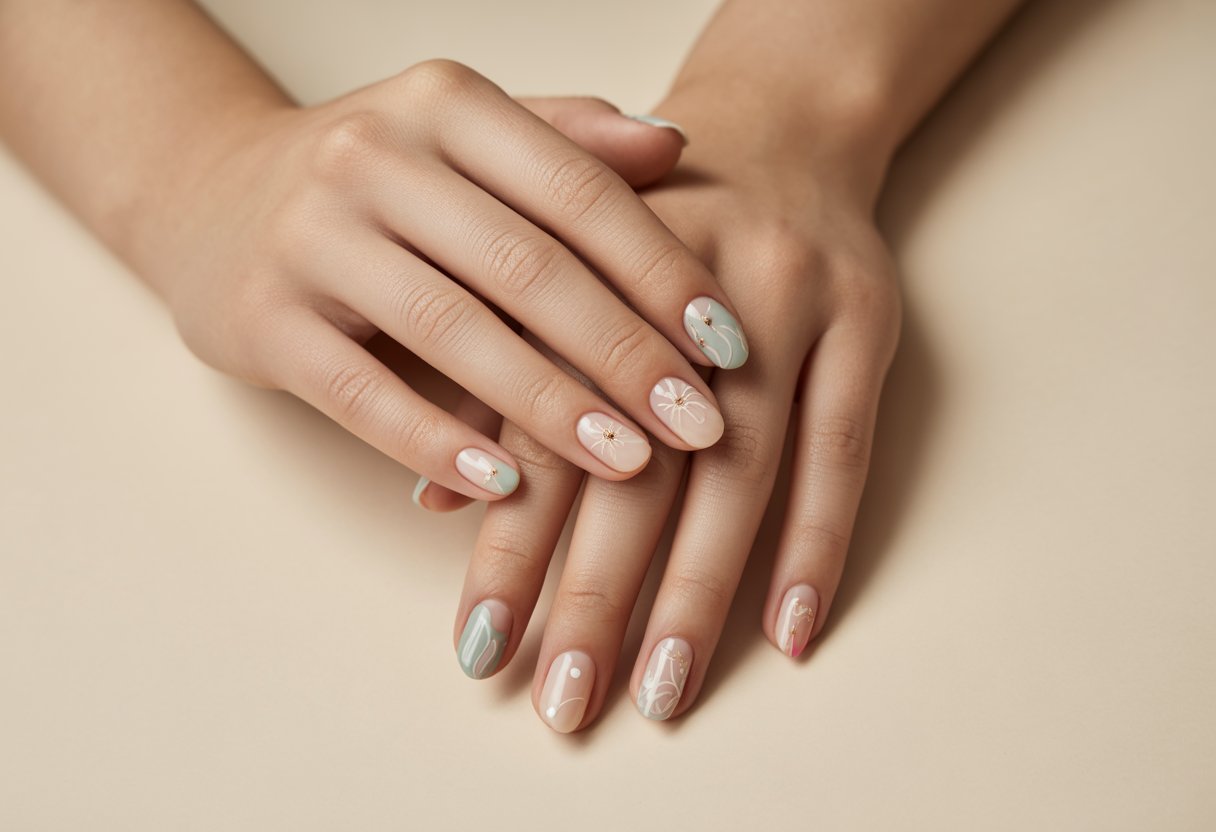 Mãos femininas com unhas curtas decoradas com desenhos criativos e delicados, apoiadas sobre fundo neutro.