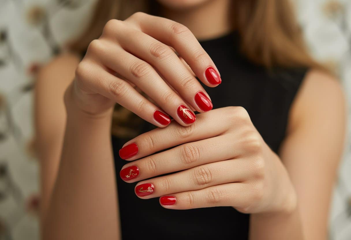 Mãos femininas com unhas vermelhas decoradas de forma delicada e elegante, em fundo neutro desfocado.