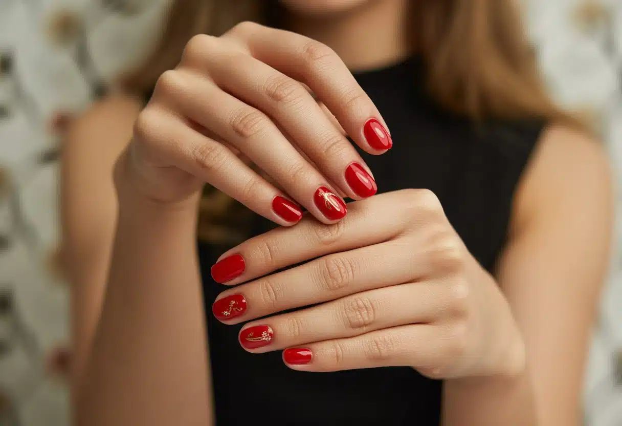 Mãos femininas com unhas vermelhas decoradas de forma delicada e elegante, em fundo neutro desfocado.
