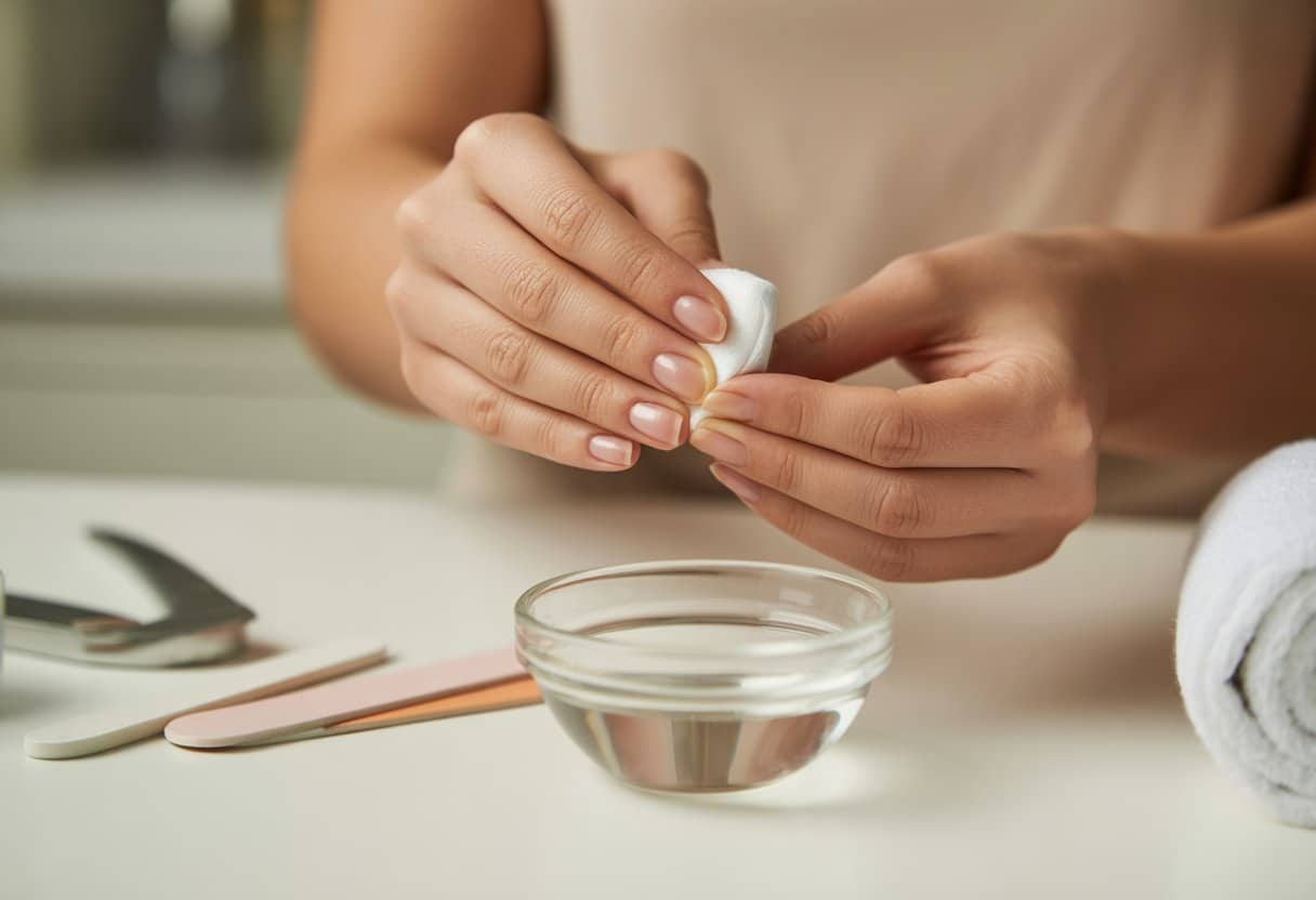 Mãos removendo esmalte em gel com algodão embebido em removedor, em um ambiente limpo e organizado.