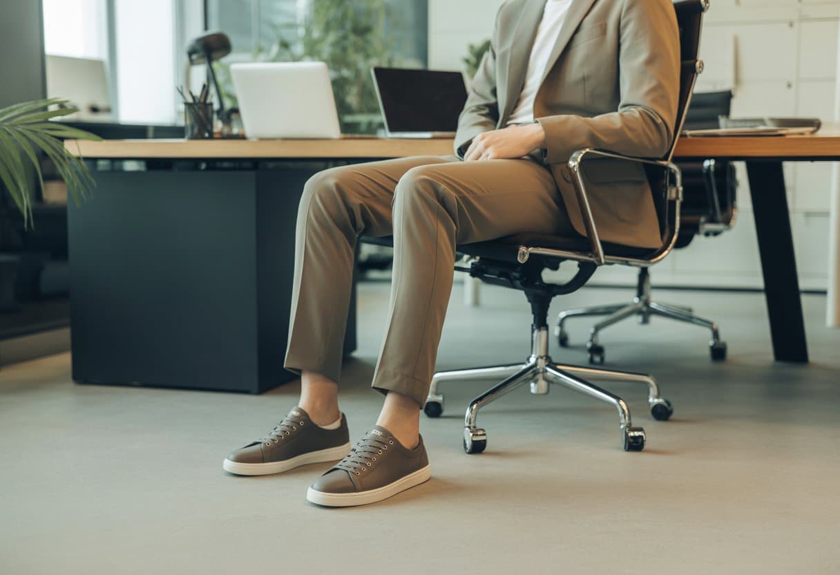 Pessoa vestindo tênis social com roupa de trabalho em um escritório moderno.
