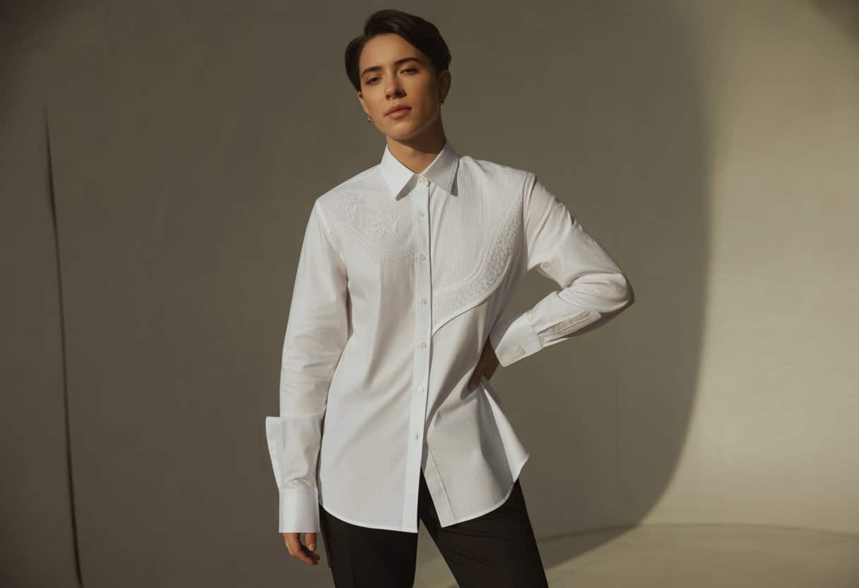 Pessoa vestindo uma camisa branca elegante com detalhes criativos em um ambiente de estúdio neutro.