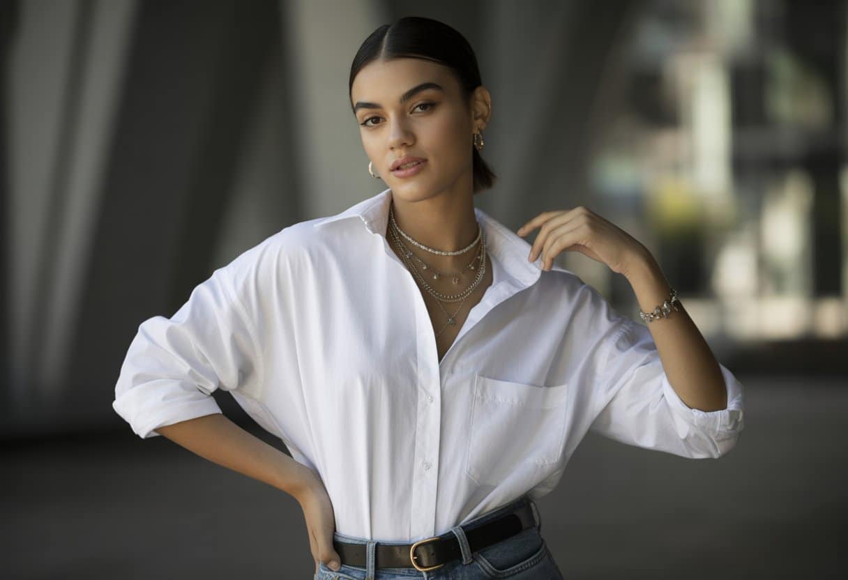 Pessoa jovem vestindo camisa branca estilosa em ambiente urbano moderno, com acessórios delicados e mangas dobradas.