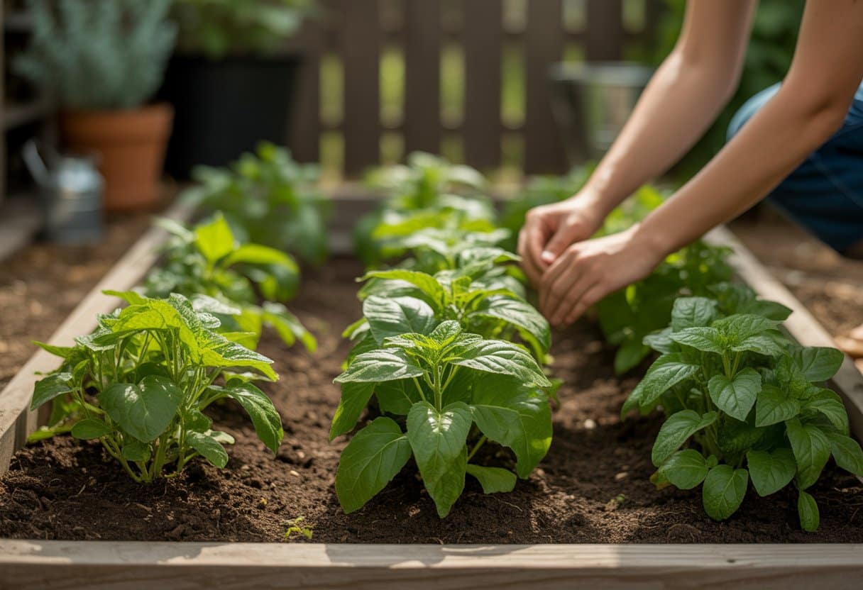 Jardim no quintal com plantas verdes saudáveis e mãos cuidando de ervas medicinais brasileiras para a saúde do fígado.