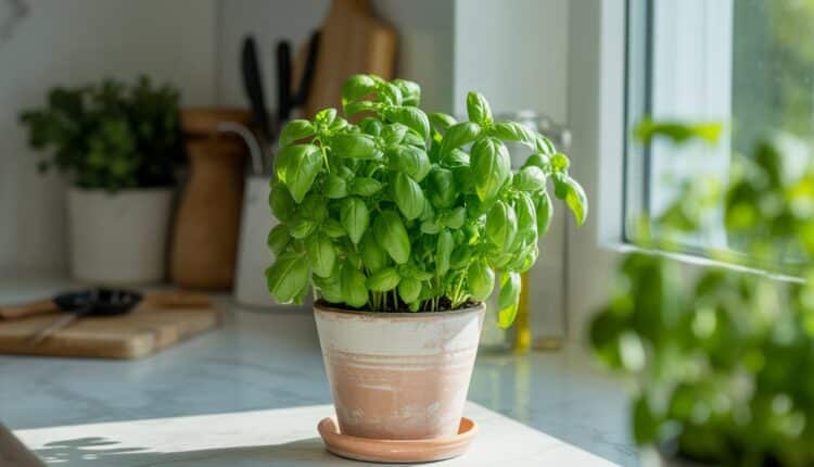 Uma planta de tempero fácil de cultivar em um vaso pequeno sobre o parapeito de uma janela de cozinha iluminada pelo sol.