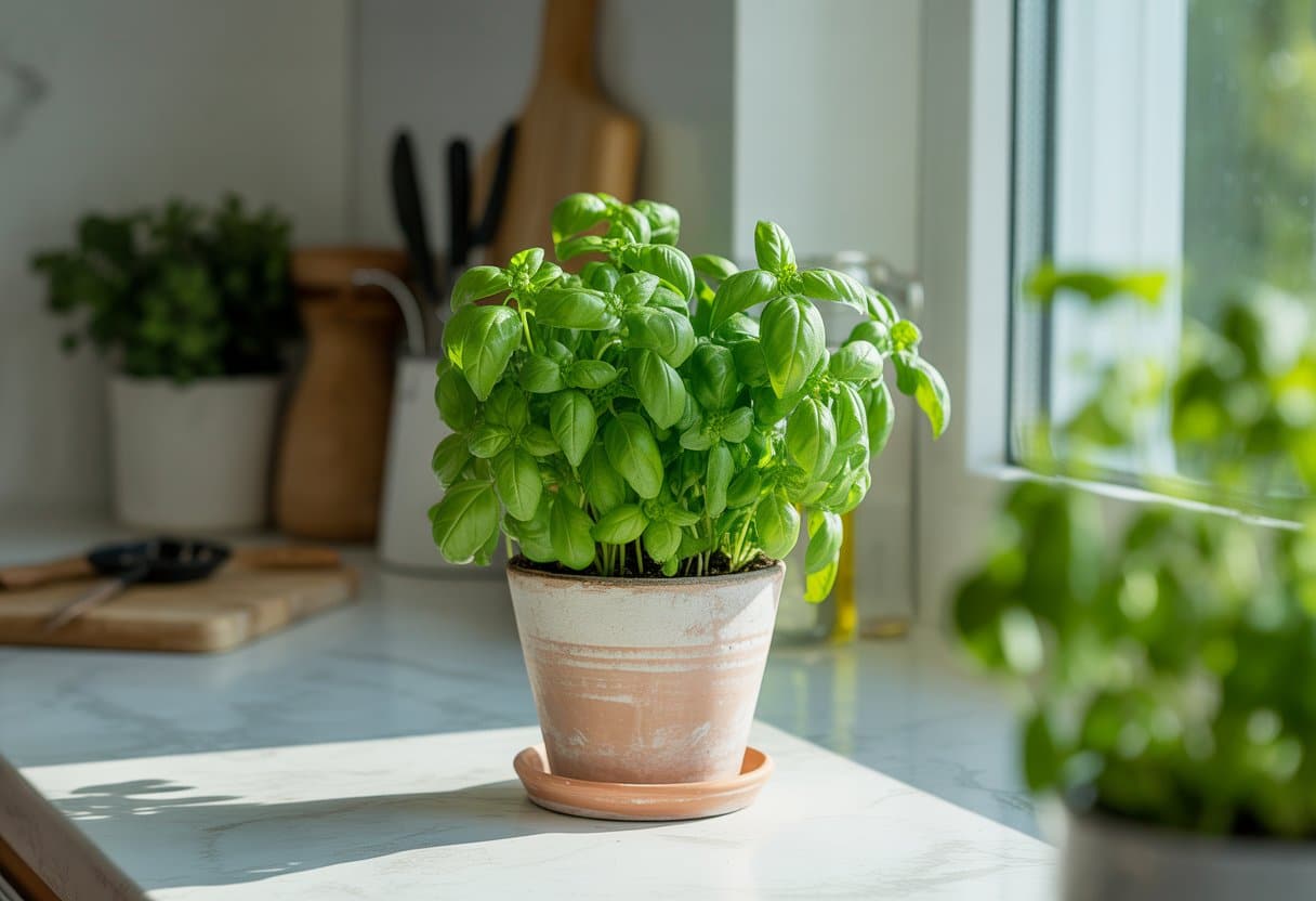 Uma planta de tempero fácil de cultivar em um vaso pequeno sobre o parapeito de uma janela de cozinha iluminada pelo sol.