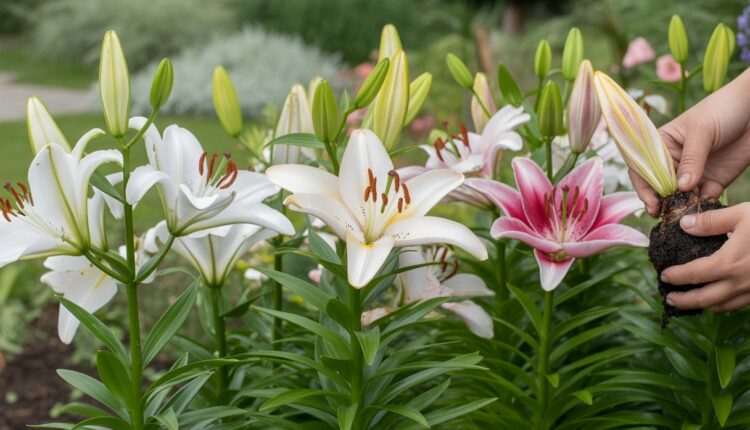 Jardim com lírios brancos e rosas florescendo e uma mão plantando um bulbo na terra escura.