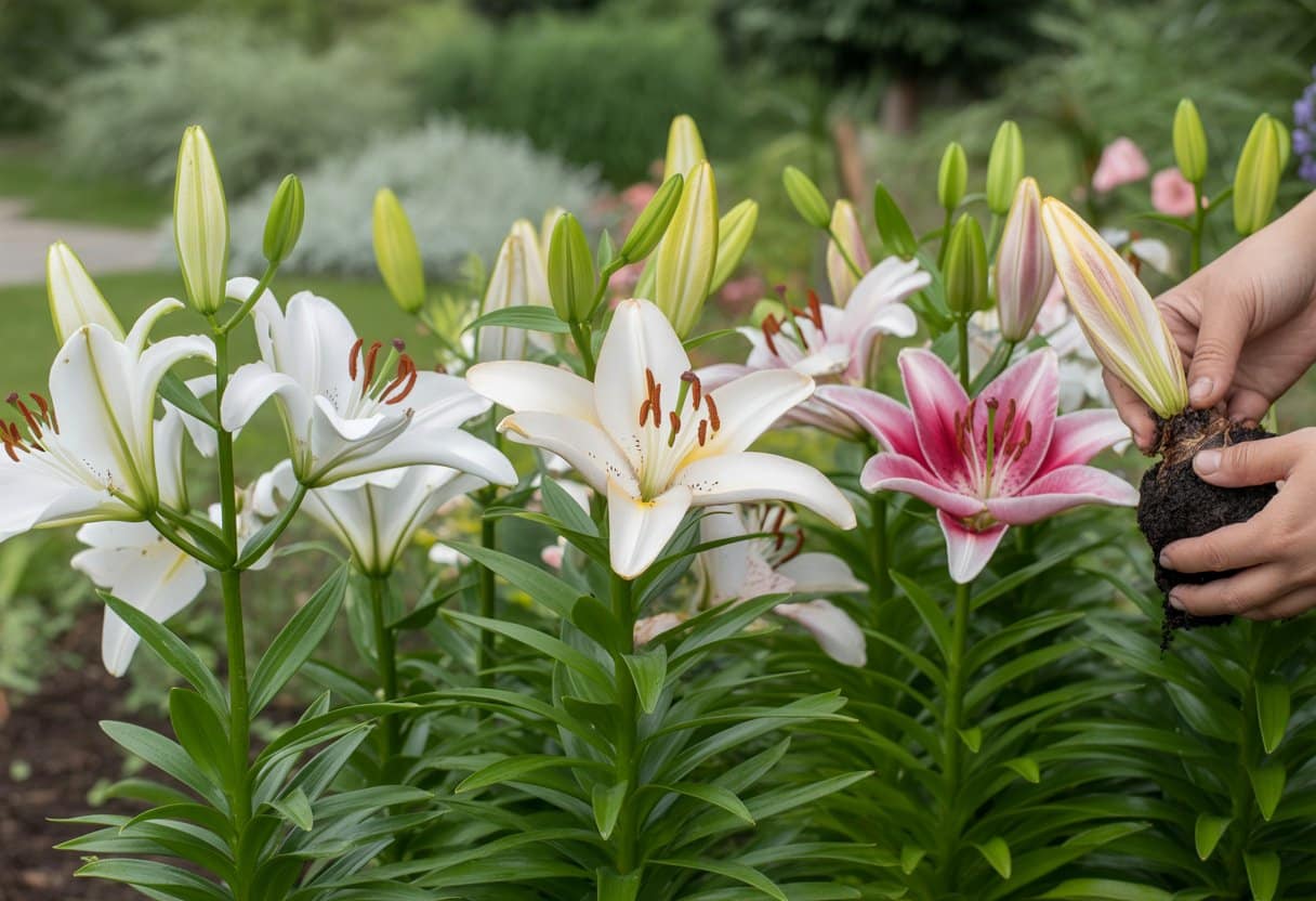 Jardim com lírios brancos e rosas florescendo e uma mão plantando um bulbo na terra escura.