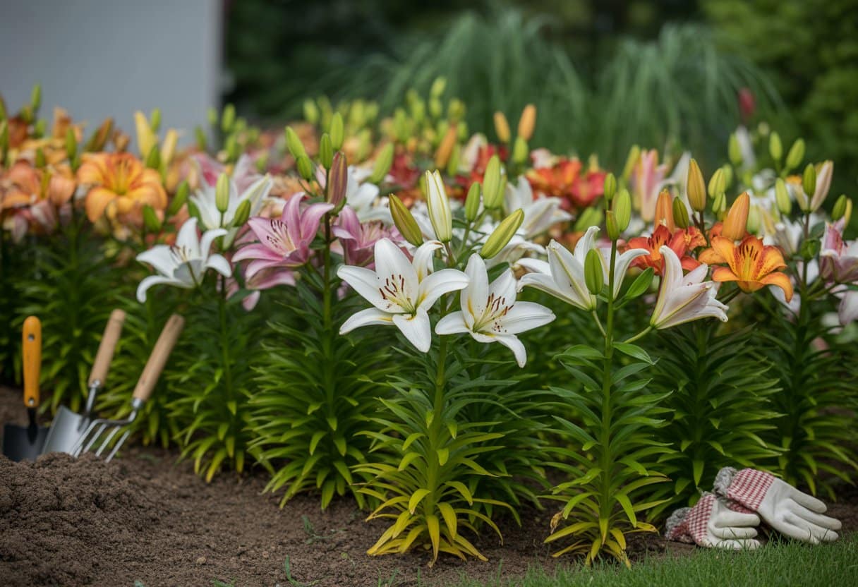 Um canteiro de lírios saudáveis e floridos em um jardim ensolarado, com folhas verdes e solo recém-preparado.