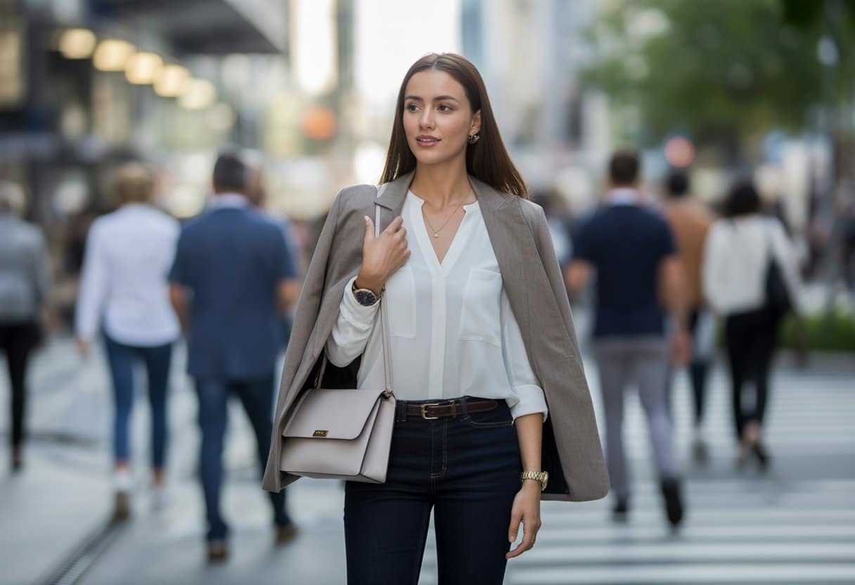 Mulher jovem vestindo peças básicas e elegantes em uma rua movimentada da cidade durante o dia.