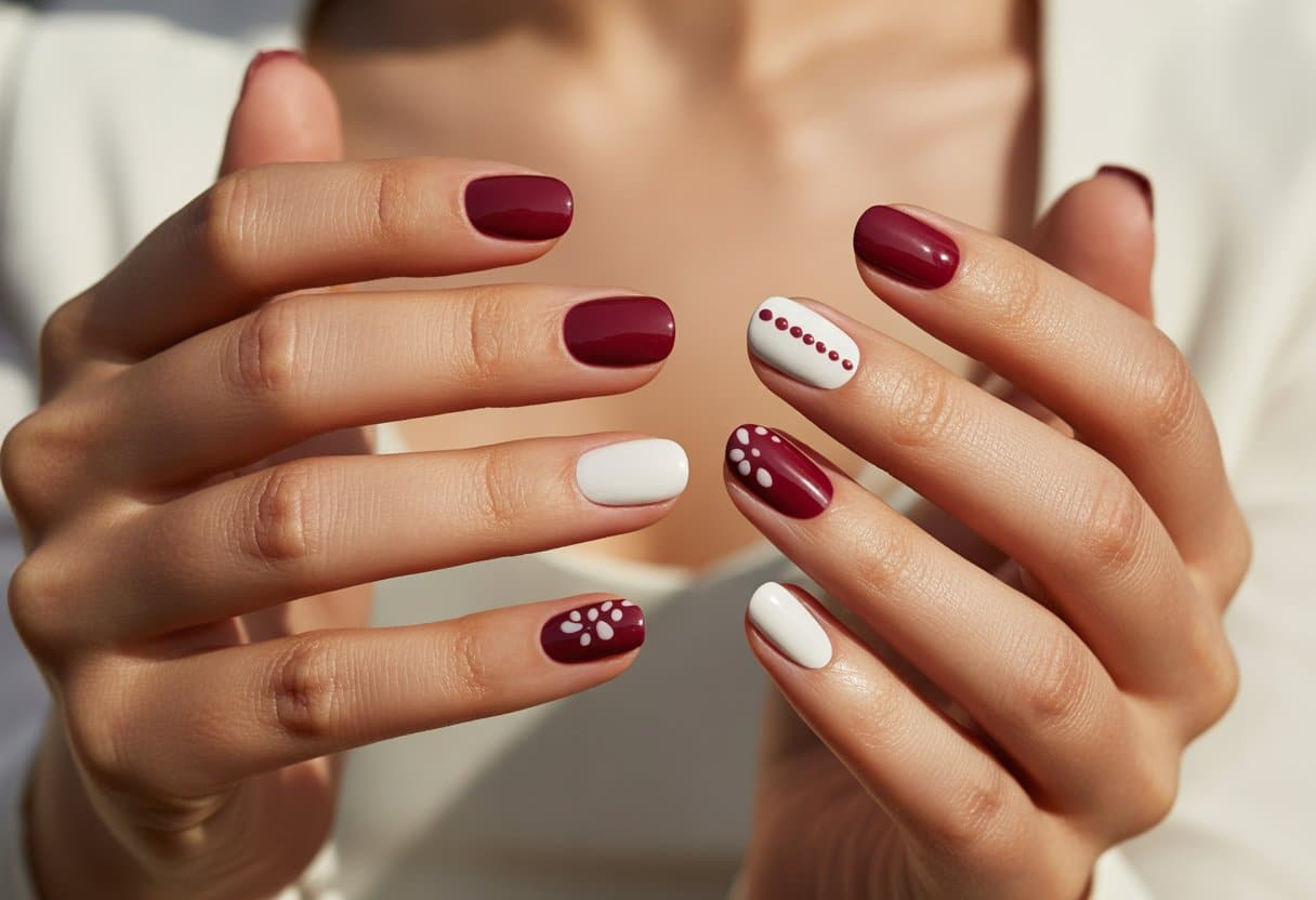 Mãos femininas com cinco designs diferentes de unhas em cores marsala e branco, exibindo combinações elegantes e delicadas.