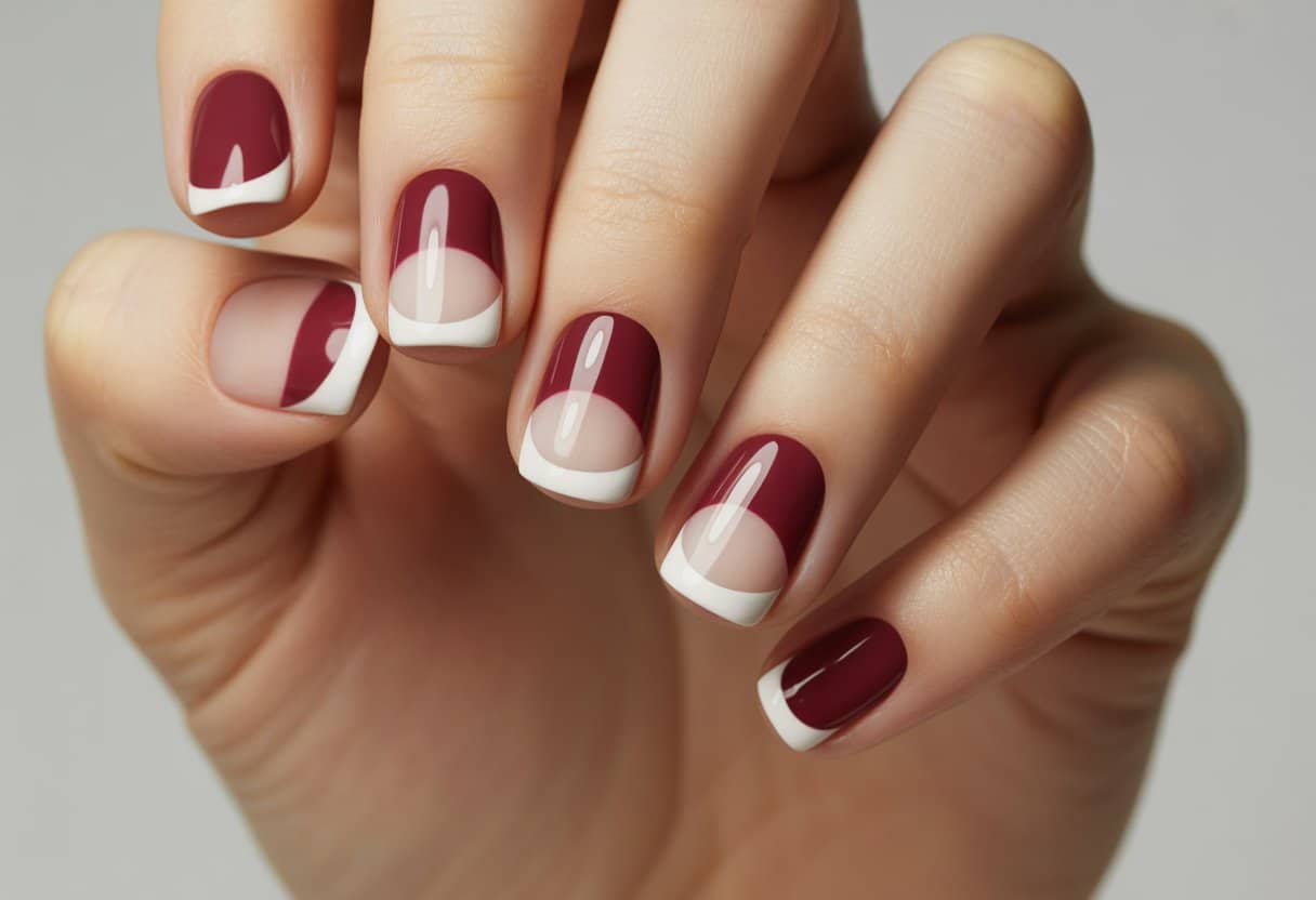 Mão com unhas decoradas em marsala com ponta branca, mostrando cinco designs diferentes de esmalte.