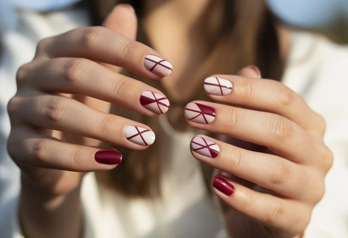 Mãos com unhas decoradas em tons marsala e branco com desenhos geométricos variados.