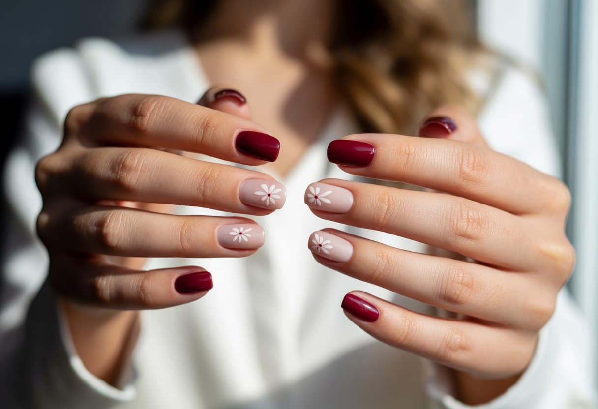 Mãos com unhas marsala decoradas com detalhes florais brancos minimalistas em close-up.