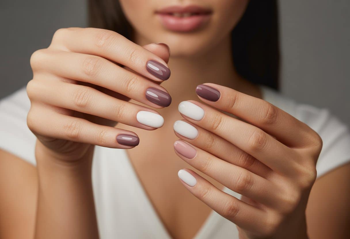 Mãos femininas com unhas decoradas em degradê do marsala para o branco, exibindo um visual elegante e bem cuidado.