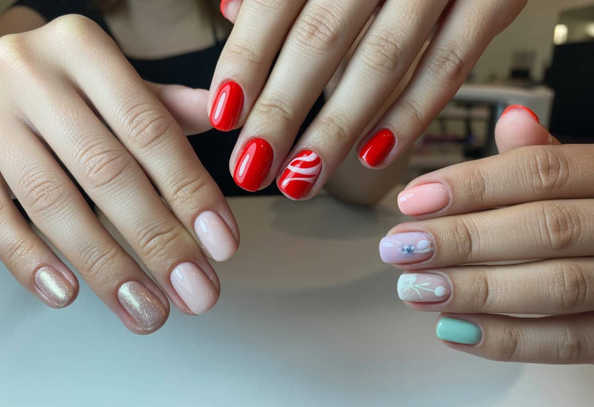 Três mãos femininas exibindo diferentes estilos de unhas de gel populares em 2025, com cores e desenhos variados, em ambiente de salão de beleza.