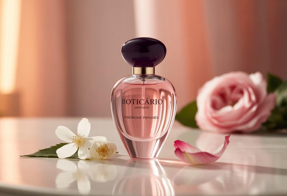 Frasco elegante de perfume feminino da Boticário sobre uma superfície com flores delicadas ao redor.