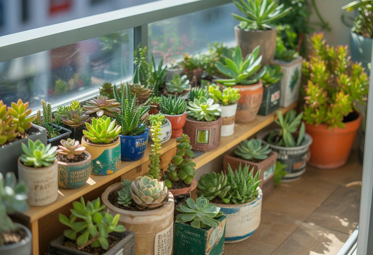 Varanda com jardim de suculentas em potes reaproveitados, mostrando várias plantas verdes em diferentes recipientes.