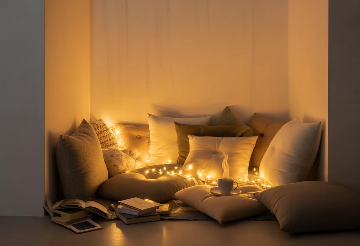 Um cantinho de leitura aconchegante com almofadas no chão e luz amarela suave, com livros e uma xícara ao lado.