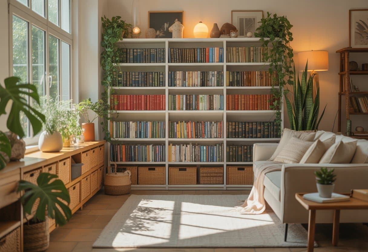 Sala de estar com estante organizada, livros arrumados, plantas e decoração acolhedora.