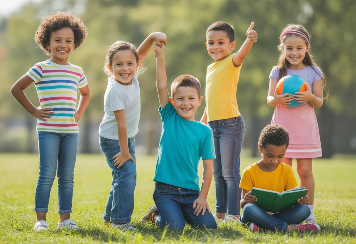 Seis crianças felizes em um parque, mostrando atitudes de confiança e apoio mútuo enquanto brincam e interagem entre si.
