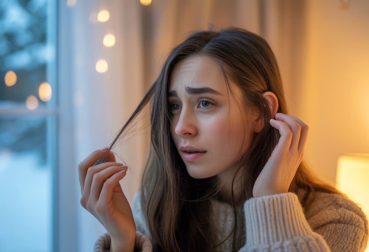 Mulher jovem dentro de casa no inverno, tocando o cabelo com expressão preocupada, com uma janela mostrando paisagem nevada ao fundo.