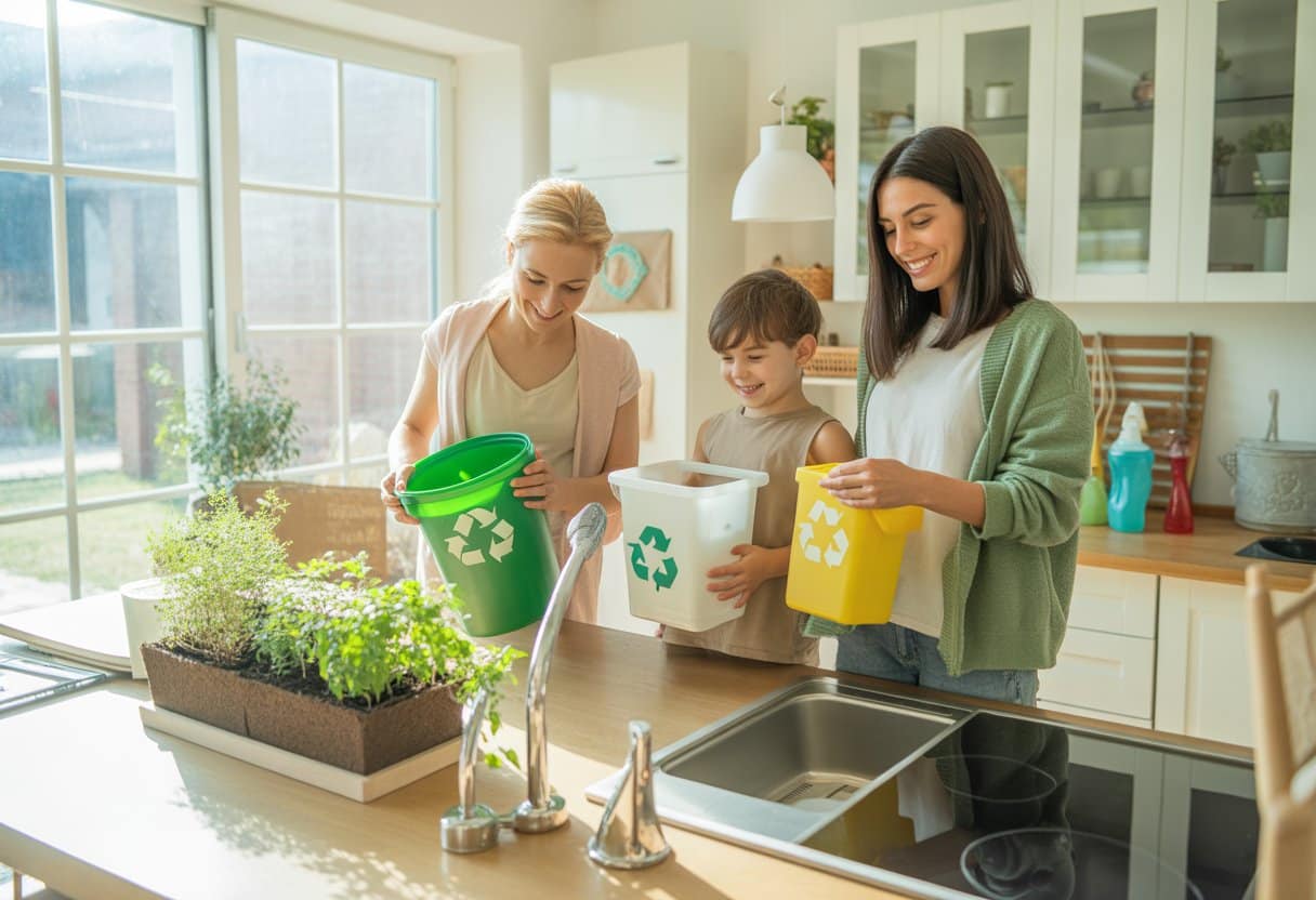 Pessoa em casa realizando ações práticas para proteger o meio ambiente, como separar recicláveis e cuidar de plantas, em um ambiente iluminado e organizado.