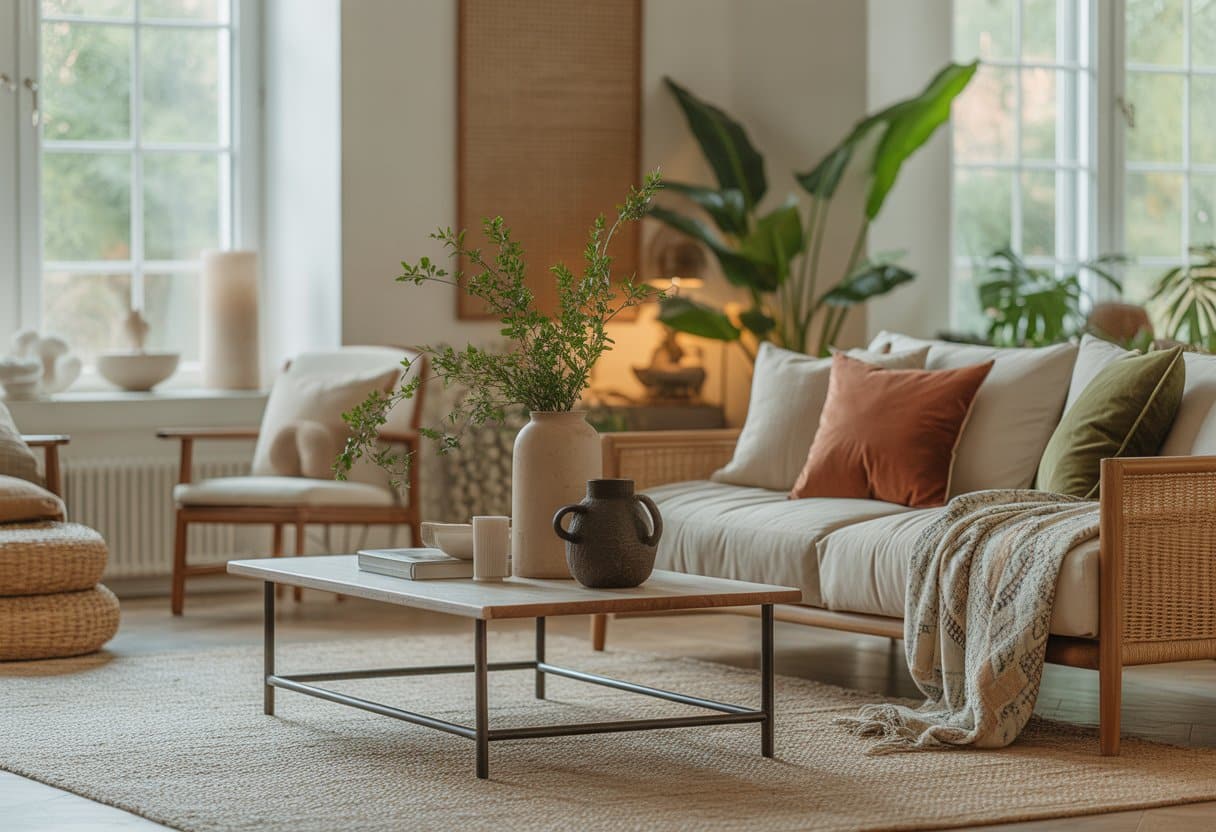 Sala de estar moderna e iluminada com móveis confortáveis, plantas, objetos decorativos e luz natural, transmitindo renovação na decoração da casa.