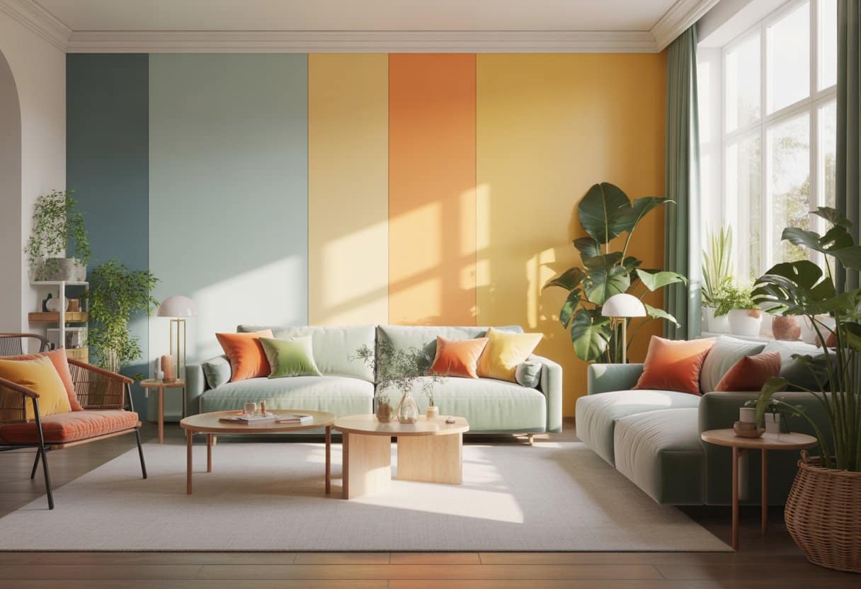 Sala de estar moderna e iluminada com paredes em tons pastéis, sofá cinza claro com almofadas coloridas, plantas internas e luz natural entrando pelas janelas.