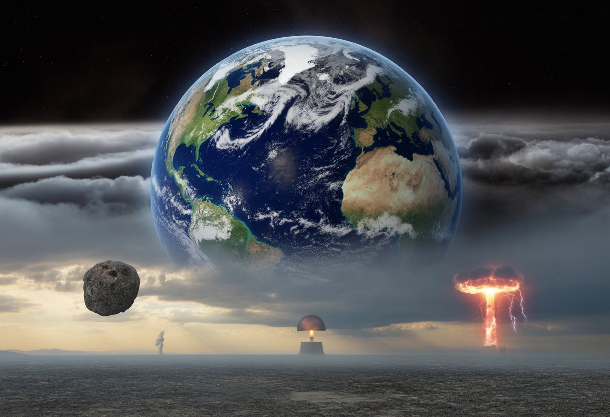 Imagem da Terra vista do espaço com nuvens escuras, fumaça, incêndios florestais, geleiras derretendo, oceano poluído e sinais sutis de ameaças como um asteroide distante, explosão nuclear e tempestade com raios.