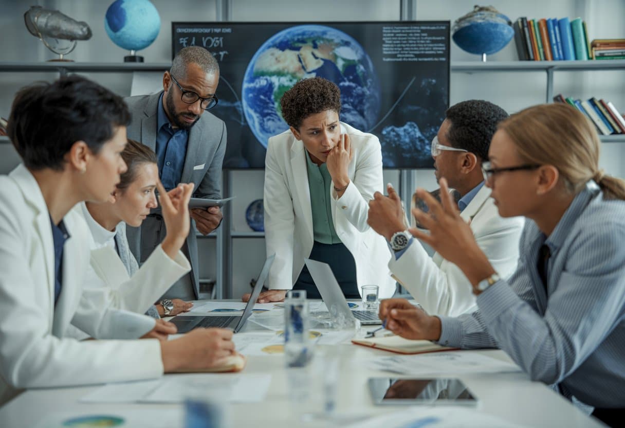 Grupo de cientistas discutindo seriamente em uma sala de conferências moderna, com papéis e computadores sobre a mesa, e uma tela mostrando imagens da Terra ao fundo.