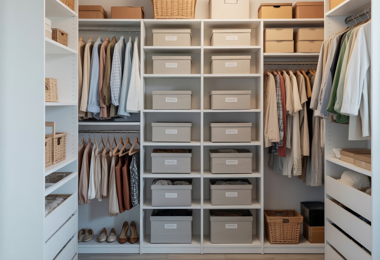 Armário organizado com caixas de armazenamento, roupas e acessórios bem arrumados nas prateleiras e cabides.