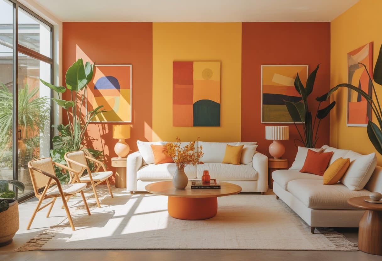 Sala de estar moderna e iluminada com paredes coloridas e decoração vibrante que transmite energia e acolhimento.