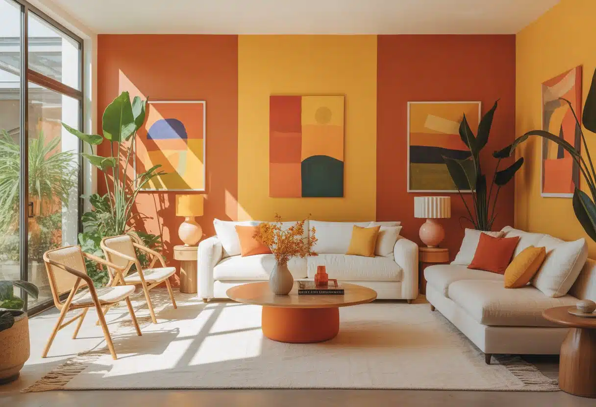 Sala de estar moderna e iluminada com paredes coloridas e decoração vibrante que transmite energia e acolhimento.