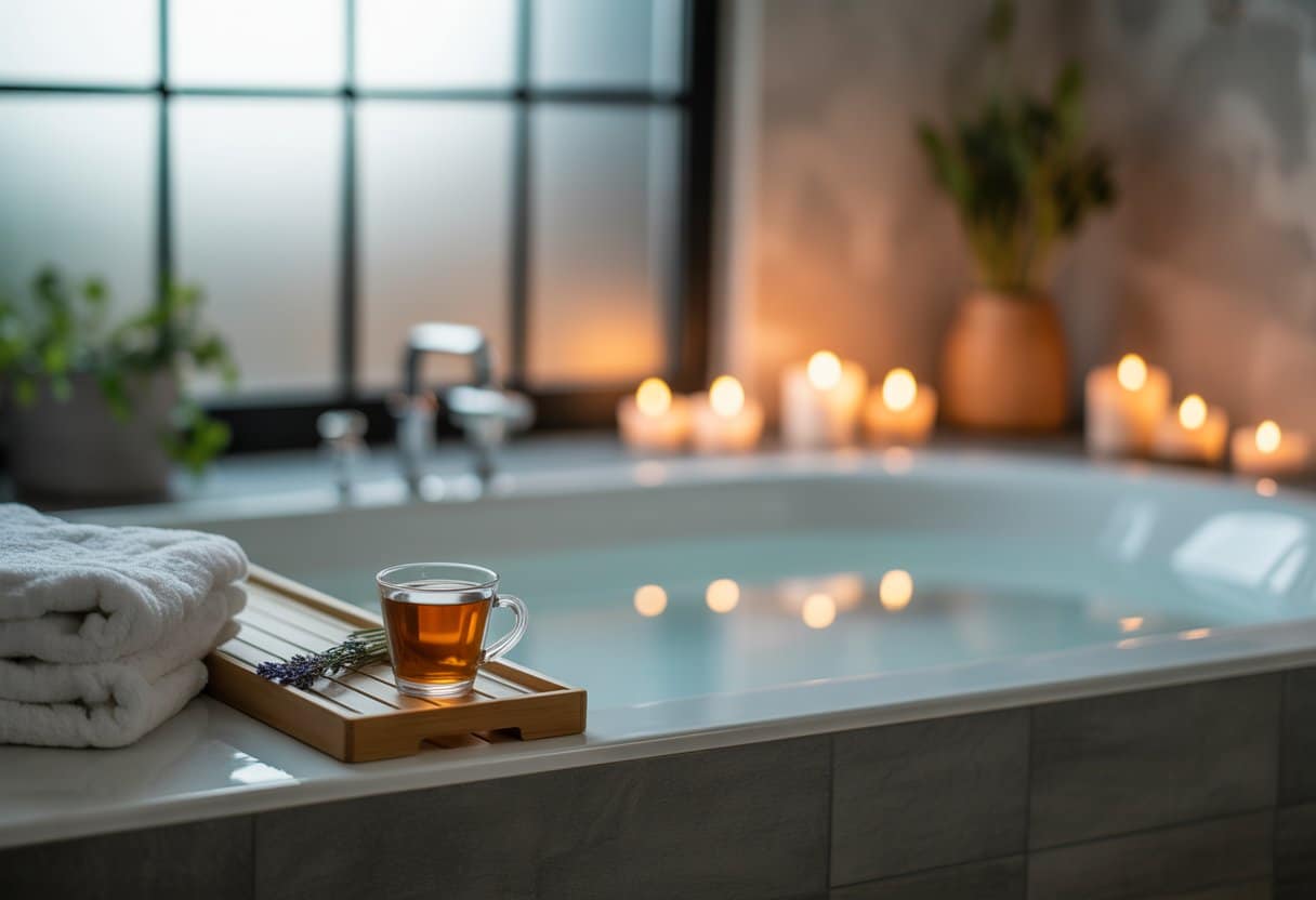 Banheira moderna com água quente, velas acesas, toalhas brancas e uma xícara de chá em um ambiente tranquilo e relaxante.