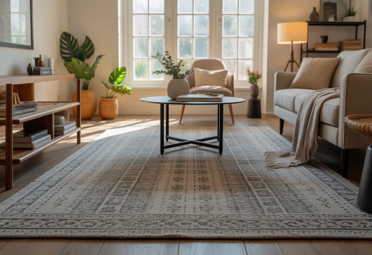 Sala de estar moderna com um tapete elegante no centro, sofá, mesa de centro e plantas, iluminada por luz natural.