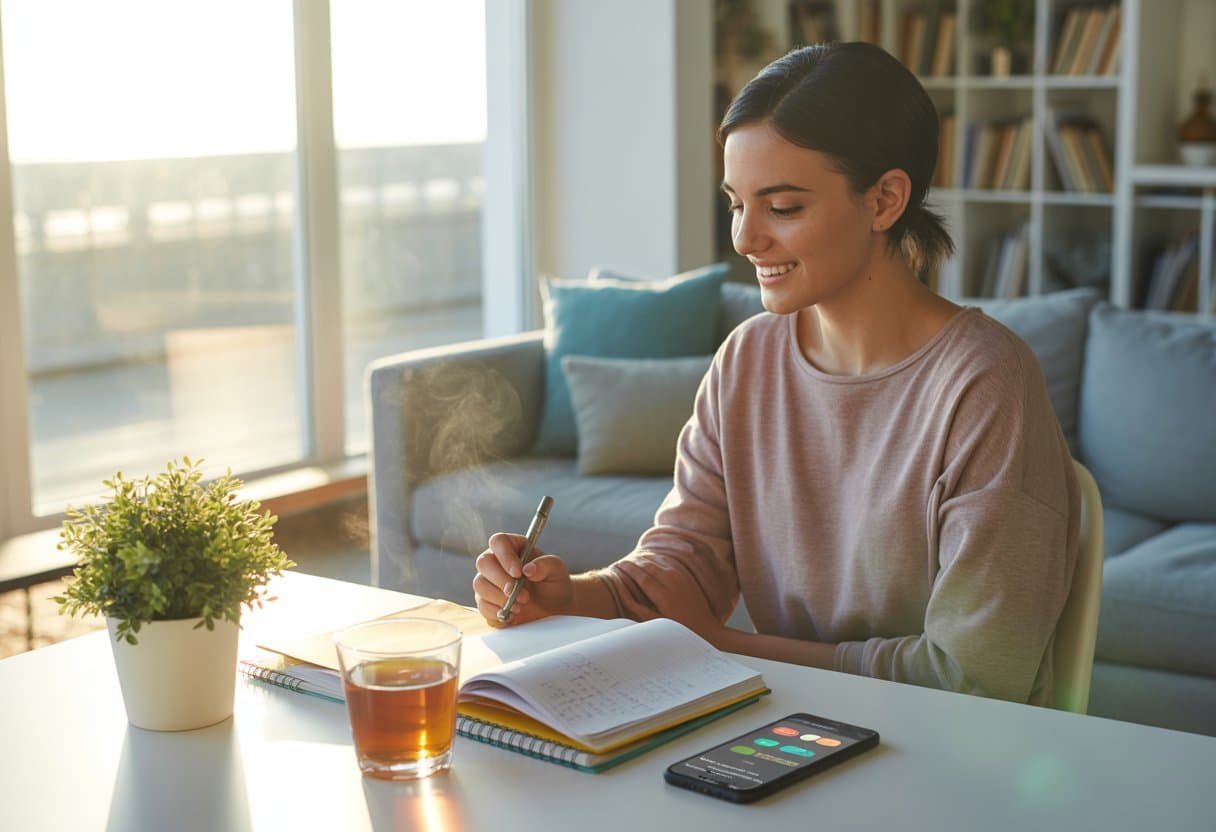 Pessoa sentada em uma mesa perto da janela, escrevendo em um caderno, com uma xícara de chá e uma planta ao lado, em um ambiente doméstico organizado e iluminado.