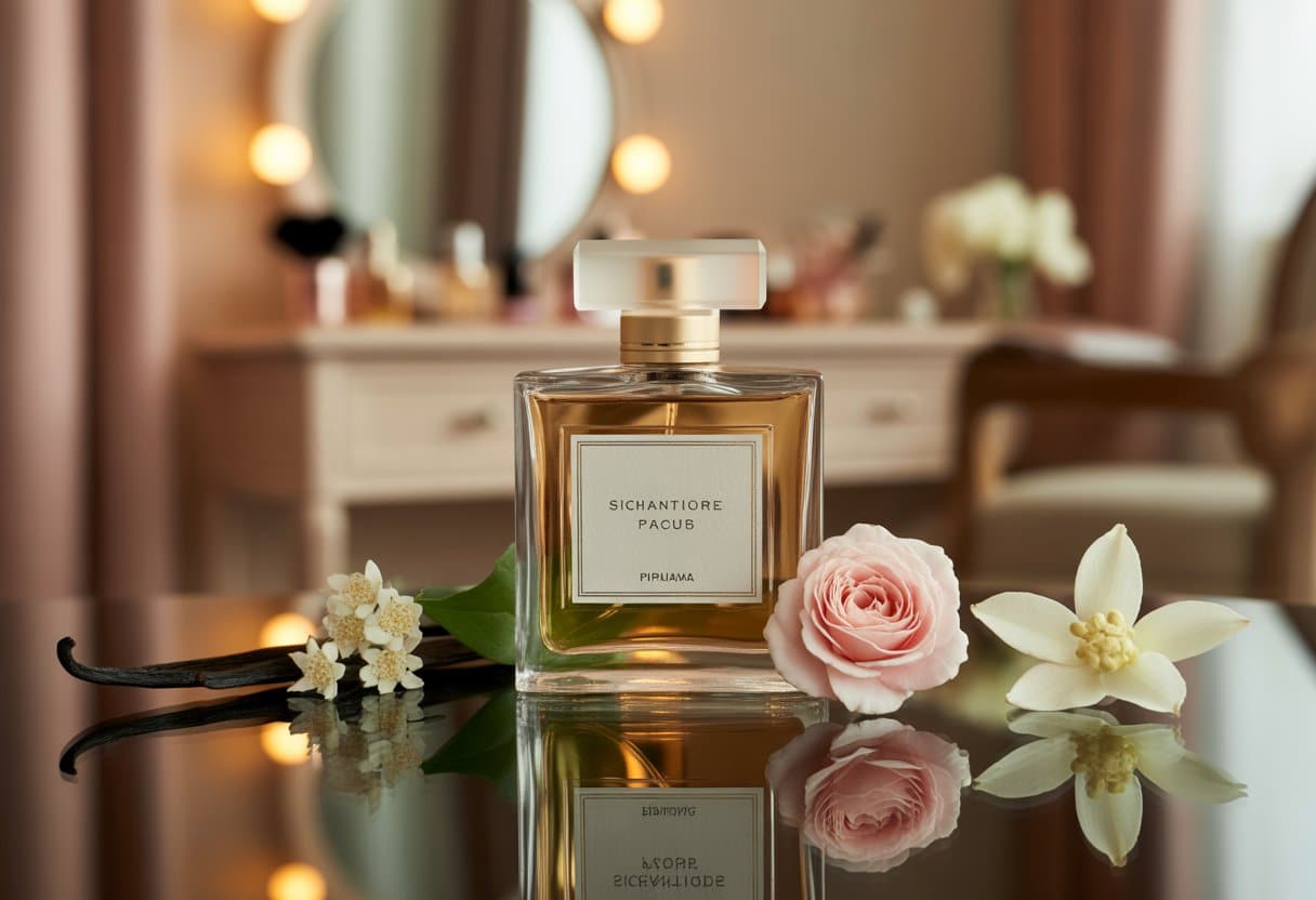 Frasco de perfume elegante sobre superfície de vidro com flores delicadas ao redor, em um ambiente de penteadeira desfocado ao fundo.