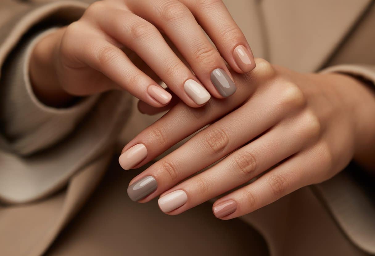 Mãos femininas com unhas pintadas em tons nude sofisticados, sobre fundo neutro e quente.