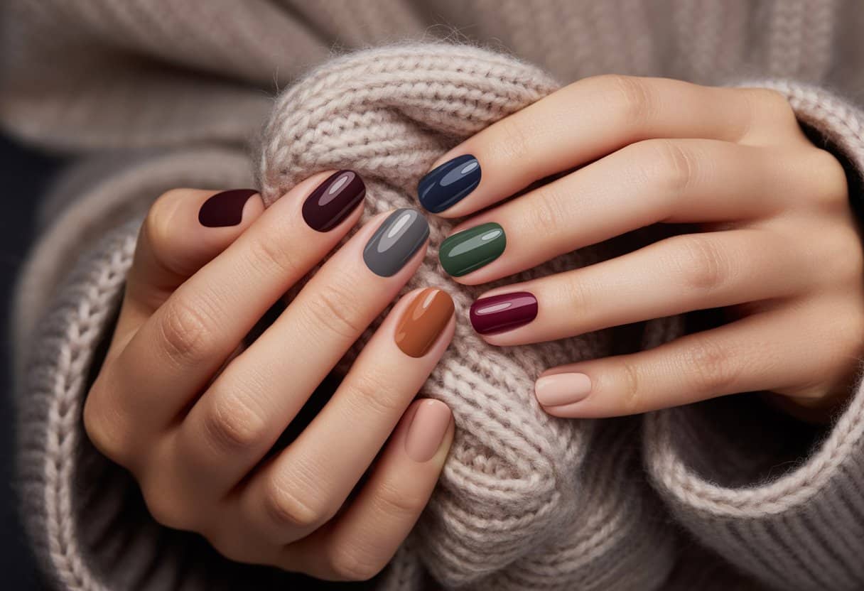 Mãos com unhas curtas pintadas em sete cores diferentes de esmalte para o inverno, segurando um tecido de tricô aconchegante.
